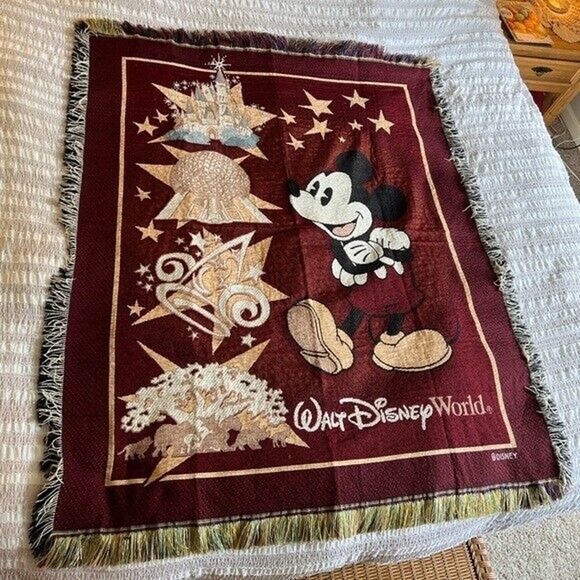 Vintage Disney 4 parks and Mickey Mouse throw blanket with fringe borders - Picture 1 of 12
